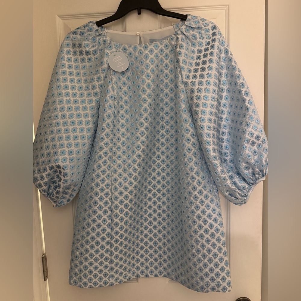 Hill House The Araminta Dress Blue/White Brocade size small mini dress. NWT